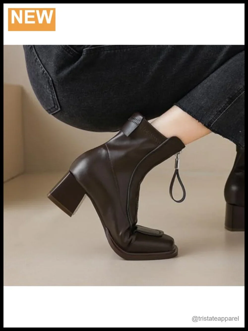Women's Genuine Leather Square Toe Low Block Heel Ankle Booties Front Zipper